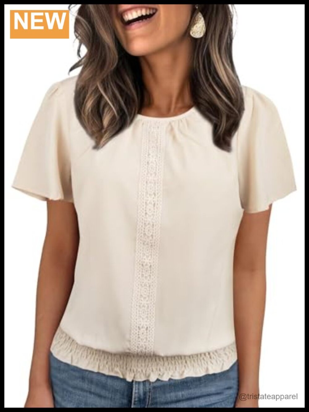 Women's Ruffle Sleeve Blouse Scoop Neck Pleated Summer Top